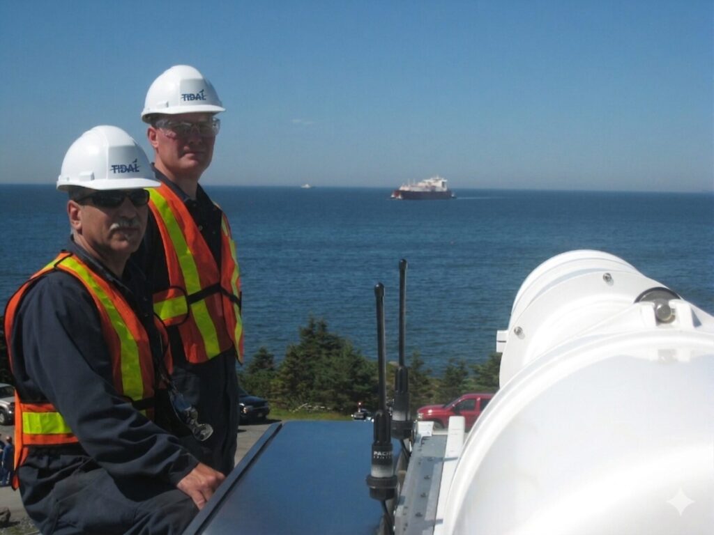 Two tidal marine employees over looking a site install.