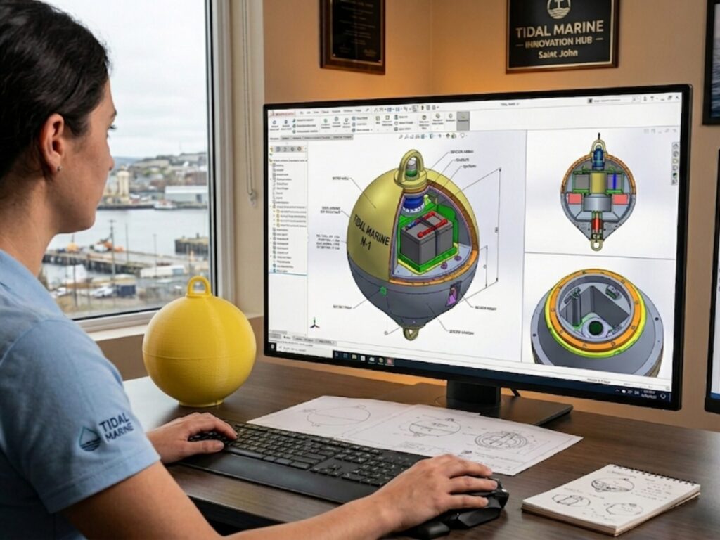 women customizing a buoy per request of a customer on a computer aided design.